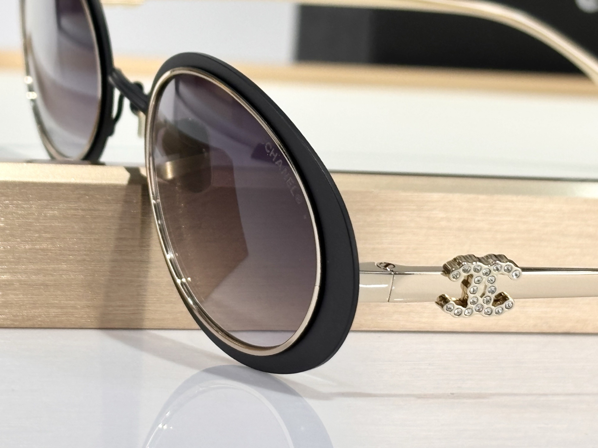 Chanel 0CH9578B Oval Sunglasses - Black & Gold with Crystal CC Logo