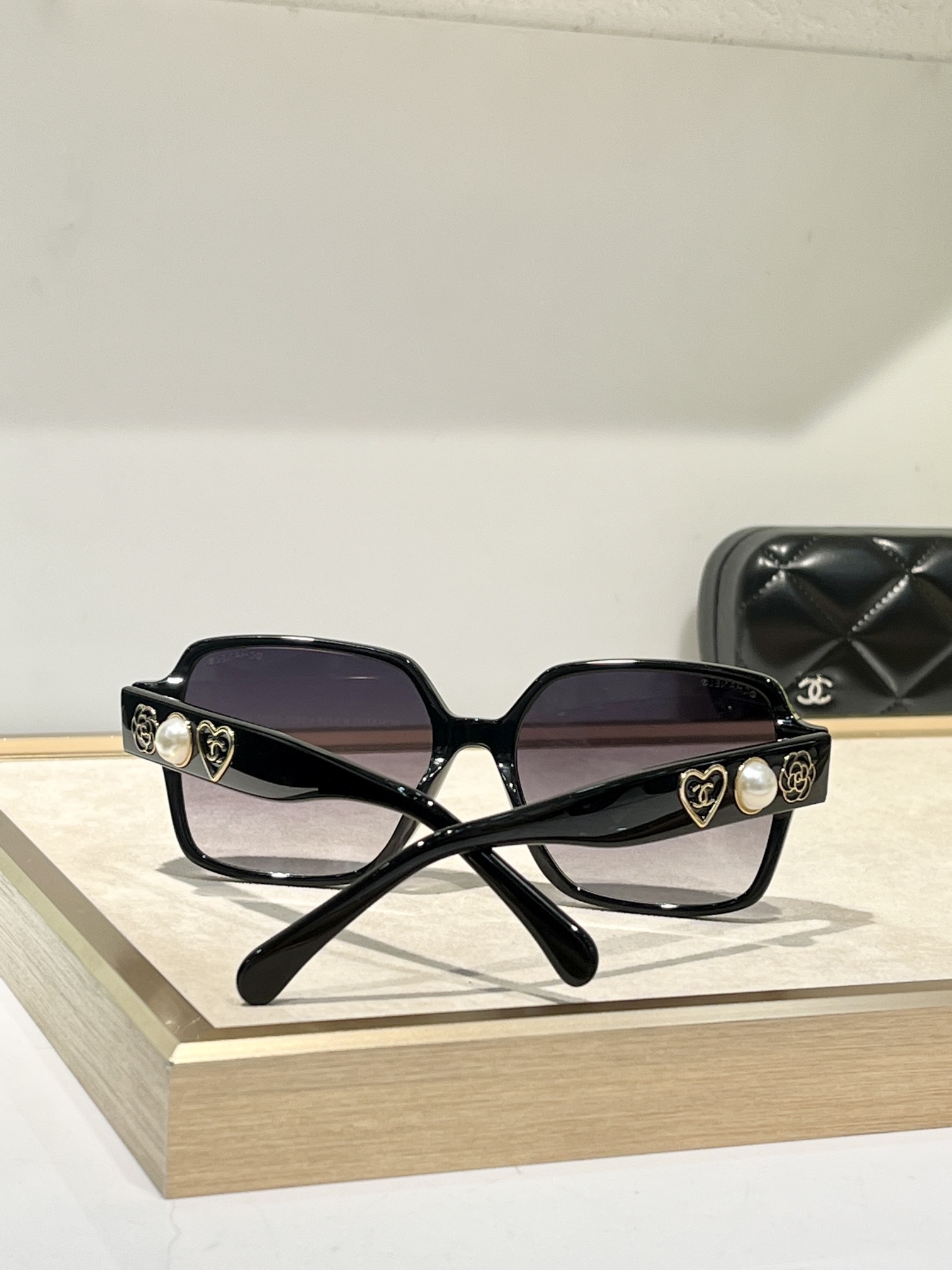 Chanel Luxury Square Oversized Sunglasses with Heart & Pearl Charms