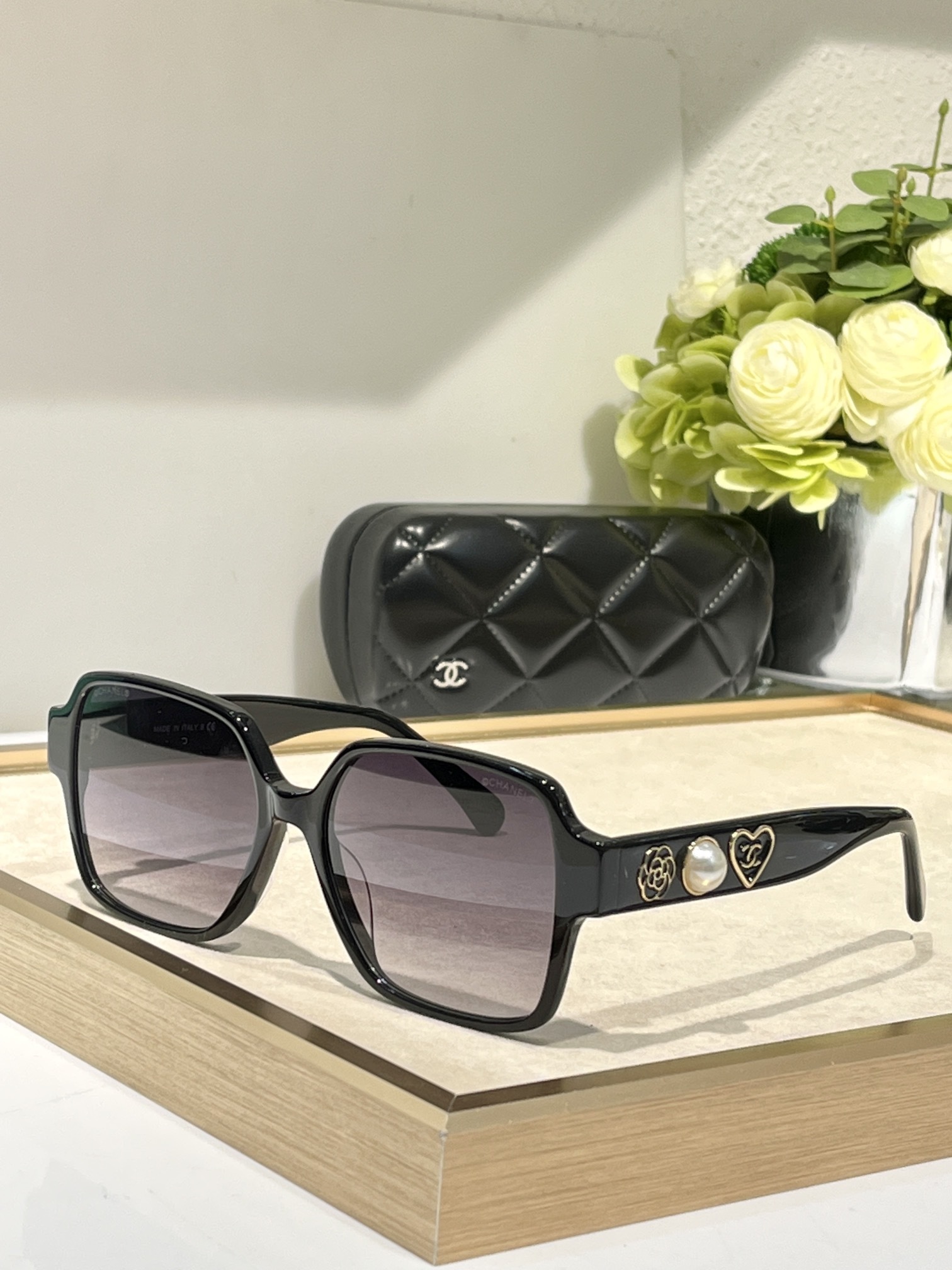 Chanel Luxury Square Oversized Sunglasses with Heart & Pearl Charms