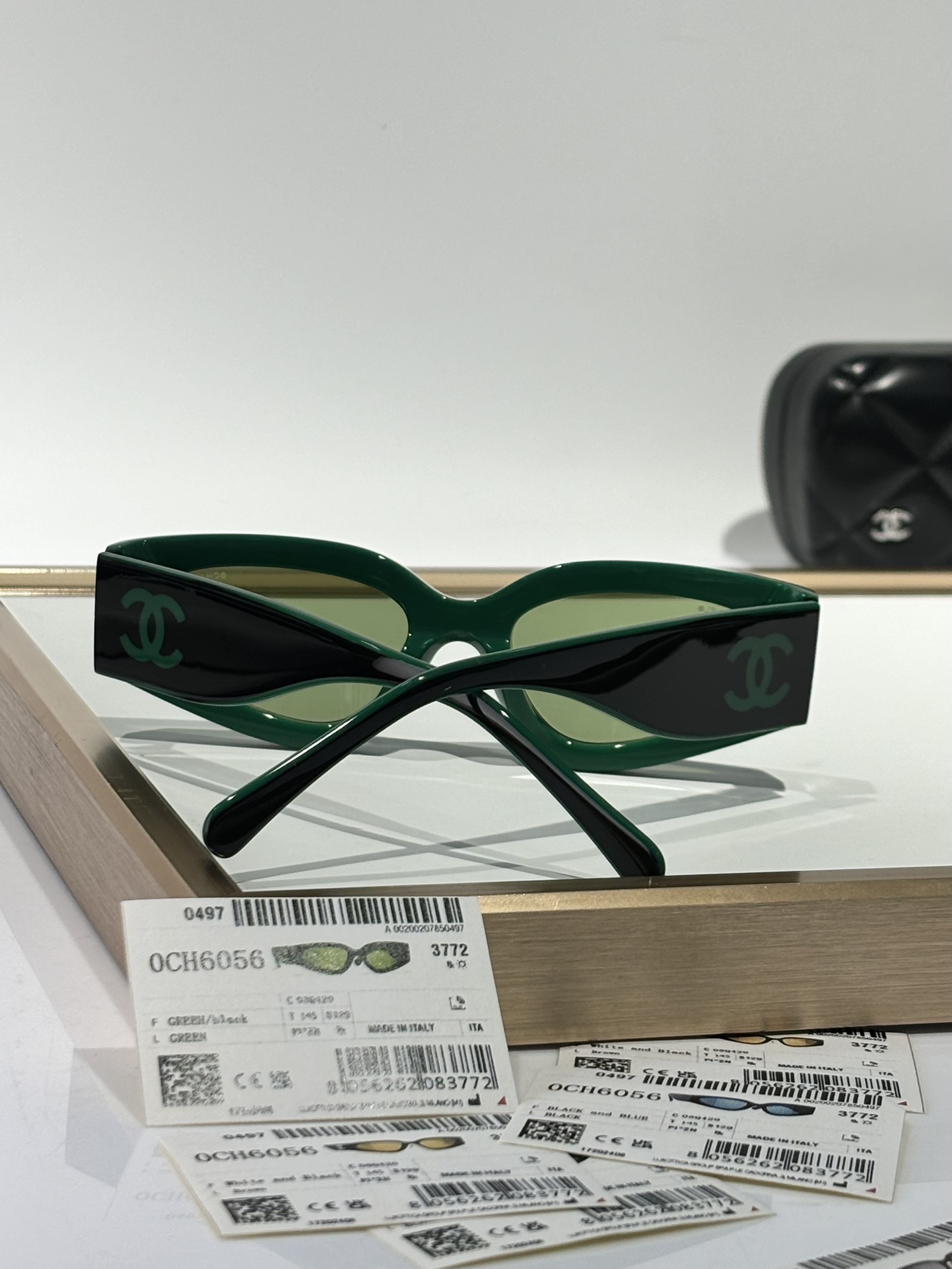 Chanel Black & Green Nylon Cat Eye Sunglasses with Green Lenses