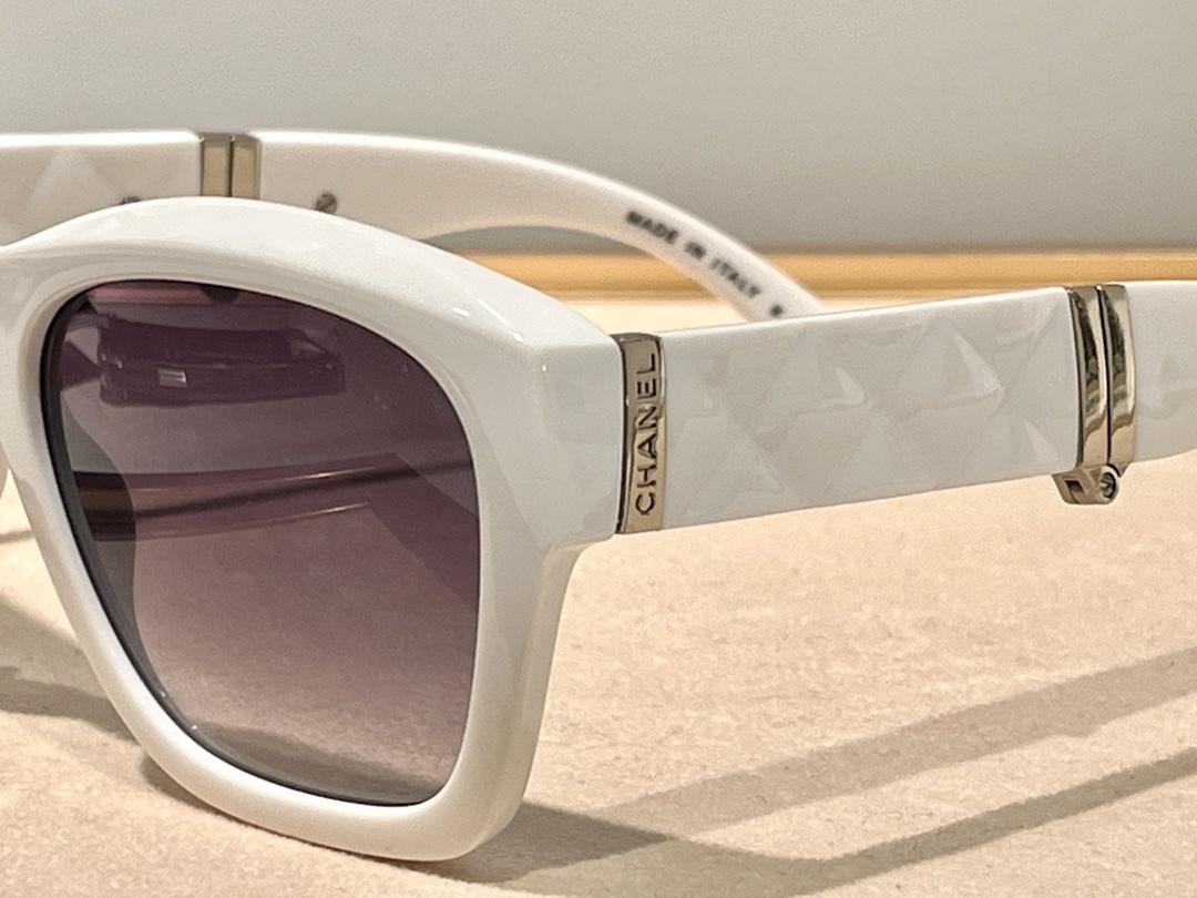 Chanel White Square Sunglasses with Quilted Temples & Crystal CC Logo
