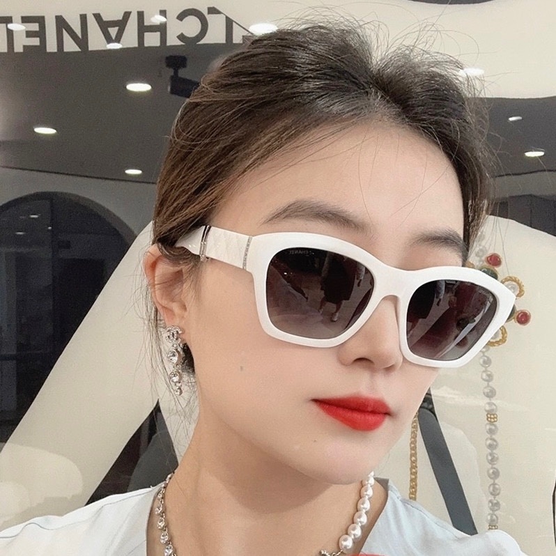 Chanel White Square Sunglasses with Quilted Temples & Crystal CC Logo