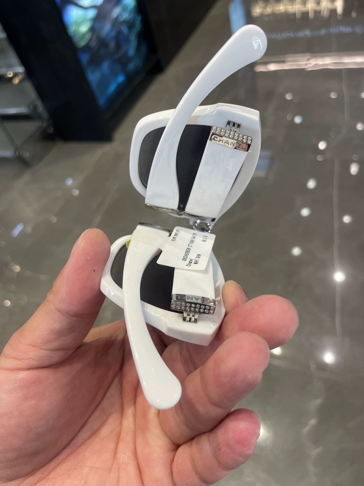 Chanel White Square Sunglasses with Crystal CC Logo & Quilted Temples