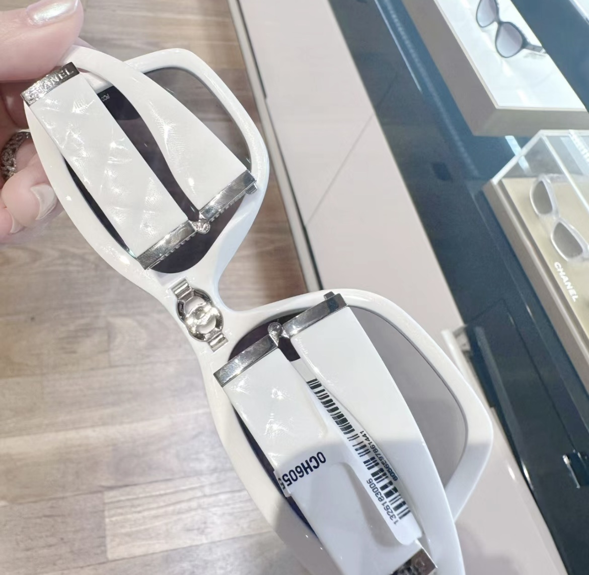 Chanel White Square Sunglasses with Crystal CC Logo & Quilted Temples