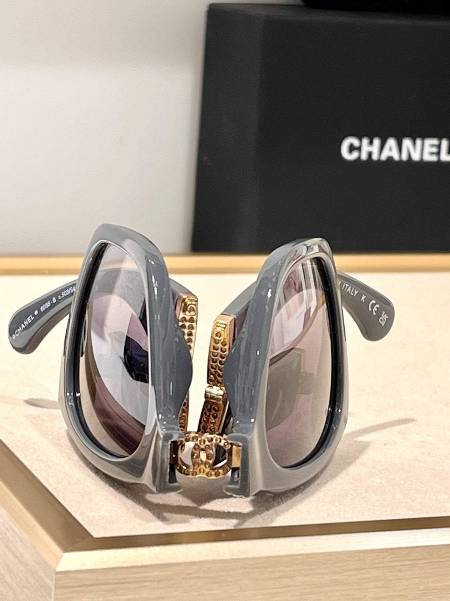 Chanel Gray Foldable Square Sunglasses with Crystal CC Logo 6055-B