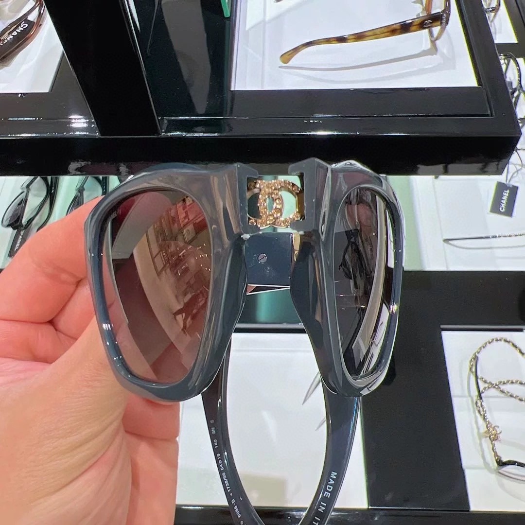 Chanel Gray Foldable Square Sunglasses with Crystal CC Logo 6055-B