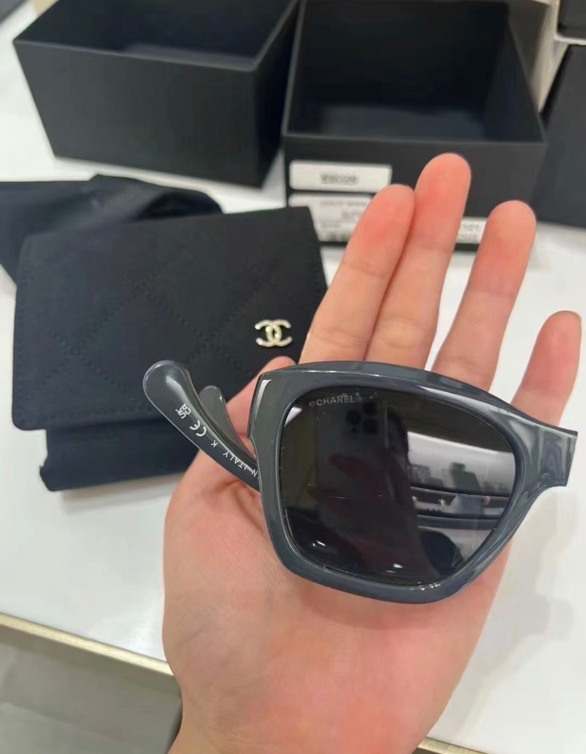 Chanel Gray Foldable Square Sunglasses with Crystal CC Logo 6055-B