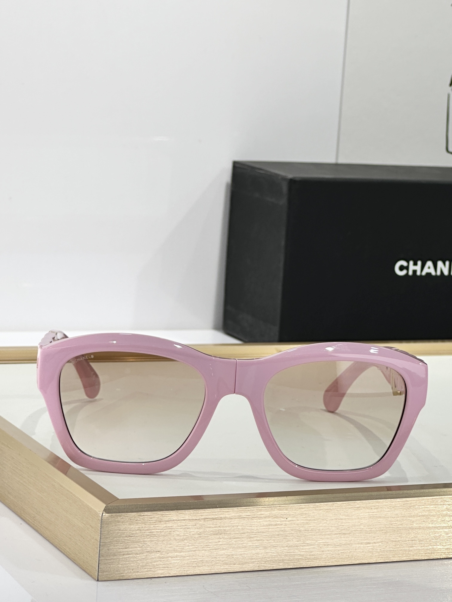 Luxury Chanel Pink Square Sunglasses with Quilted Temples