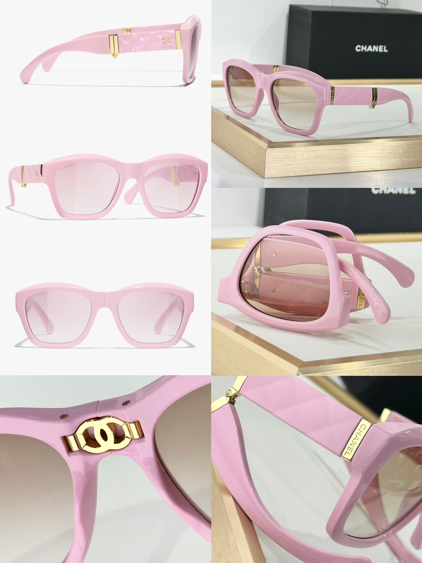 Chanel Luxury Folding Square Sunglasses with Crystal CC Logo