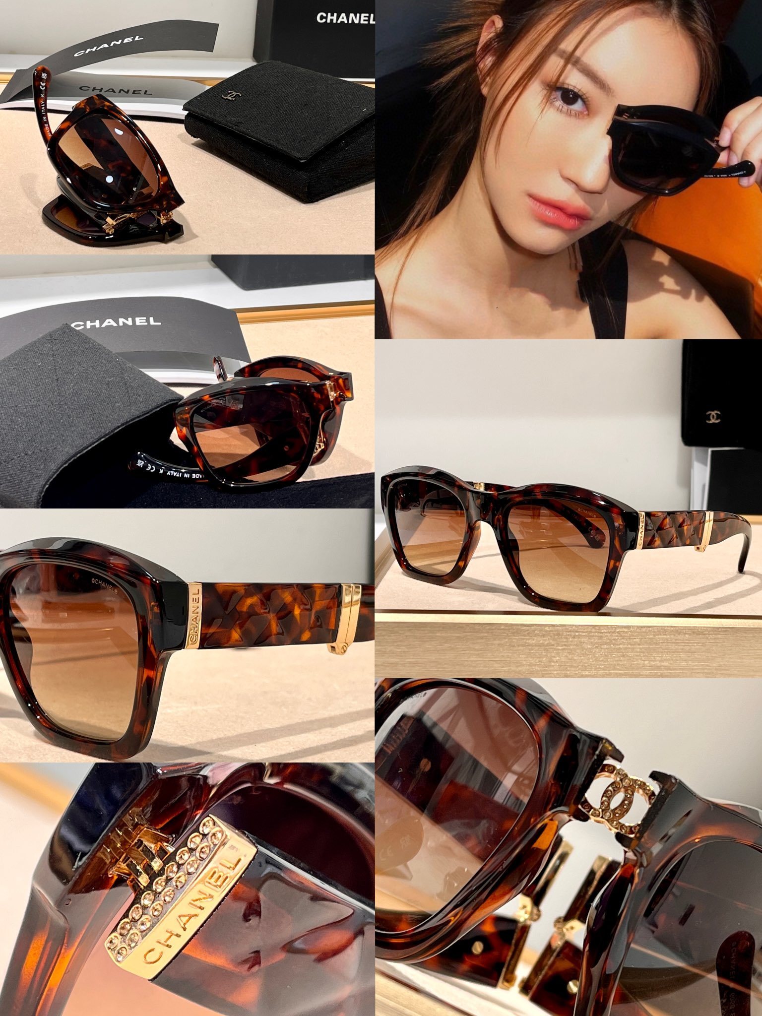 Chanel Luxury Folding Square Sunglasses with Crystal CC Logo