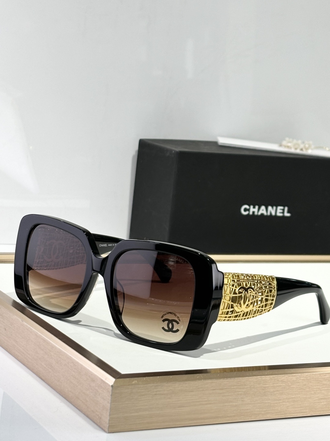 Chanel Oversized Square Sunglasses - Gold CC Lattice Detail