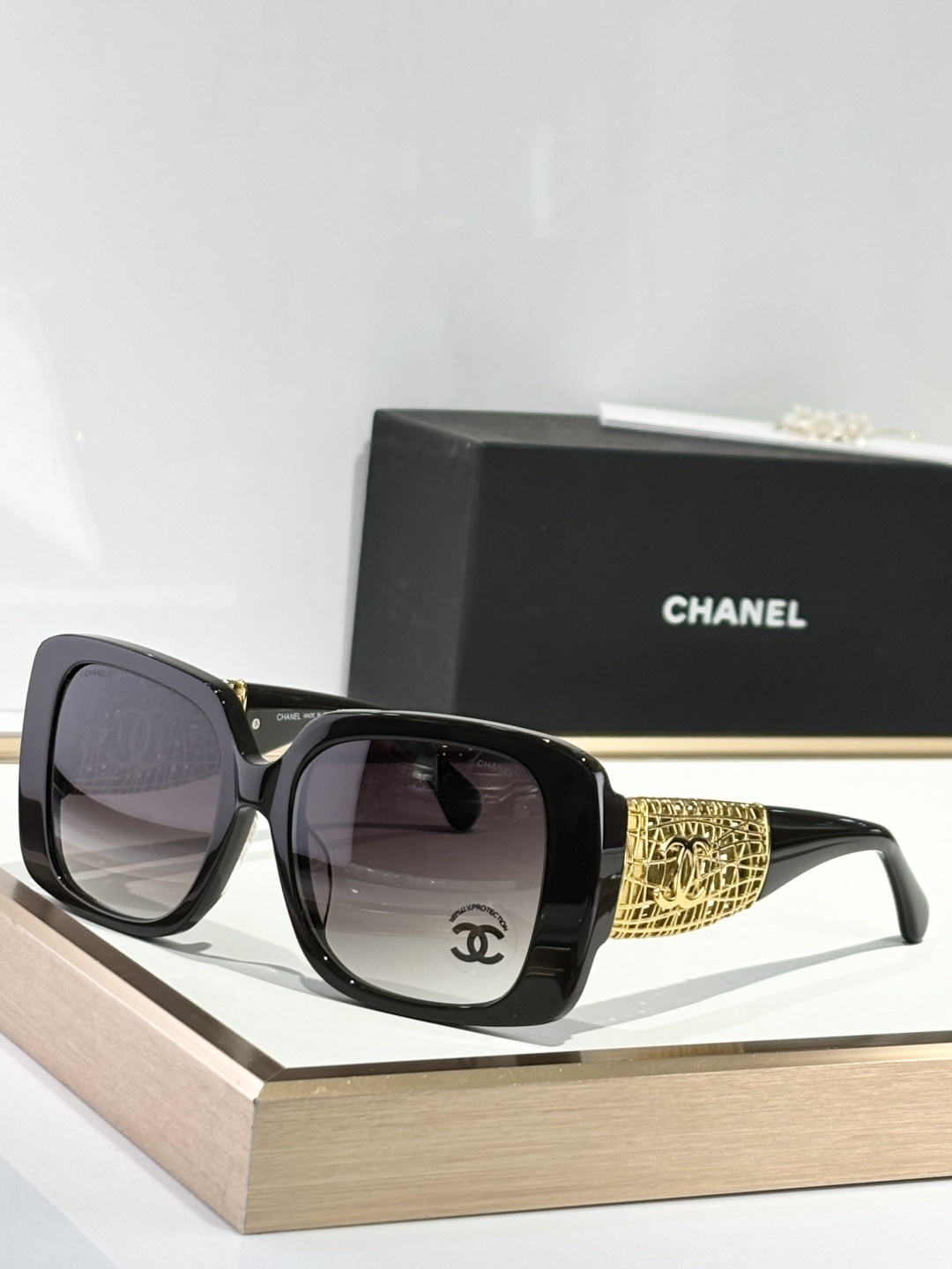 Chanel Oversized Square Sunglasses - Gold CC Lattice Detail
