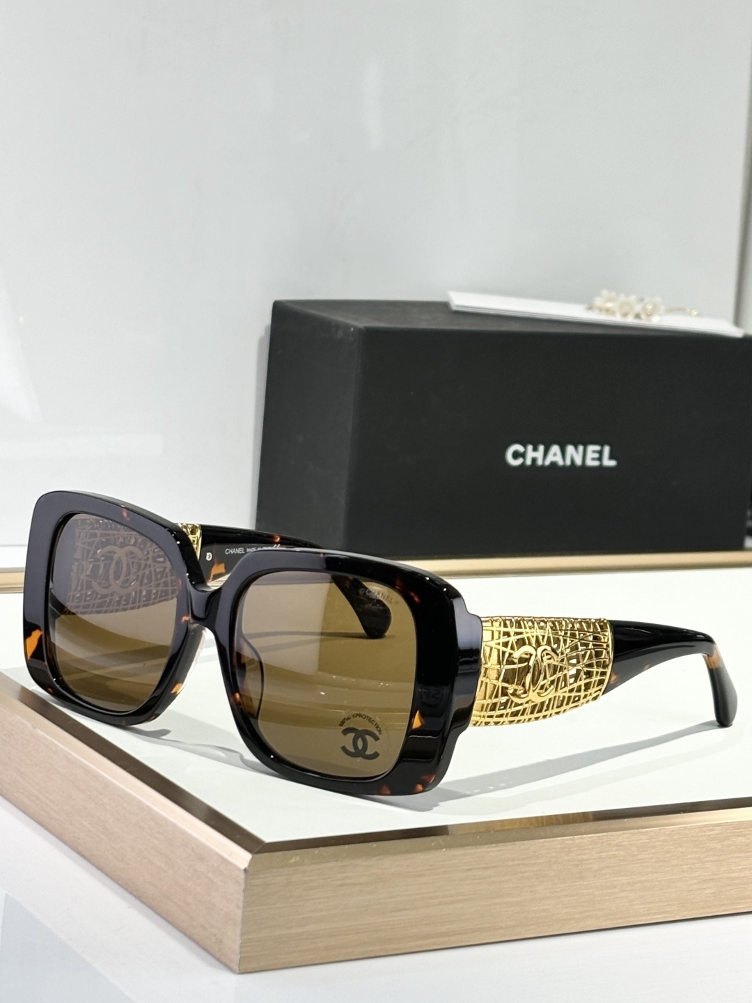 Chanel Oversized Square Sunglasses - Gold CC Lattice Detail