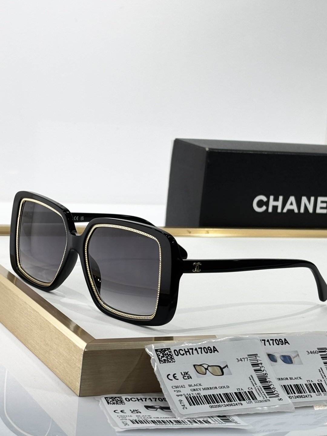 Chanel OCH71709A Black Square Sunglasses with Gold Chain Detail