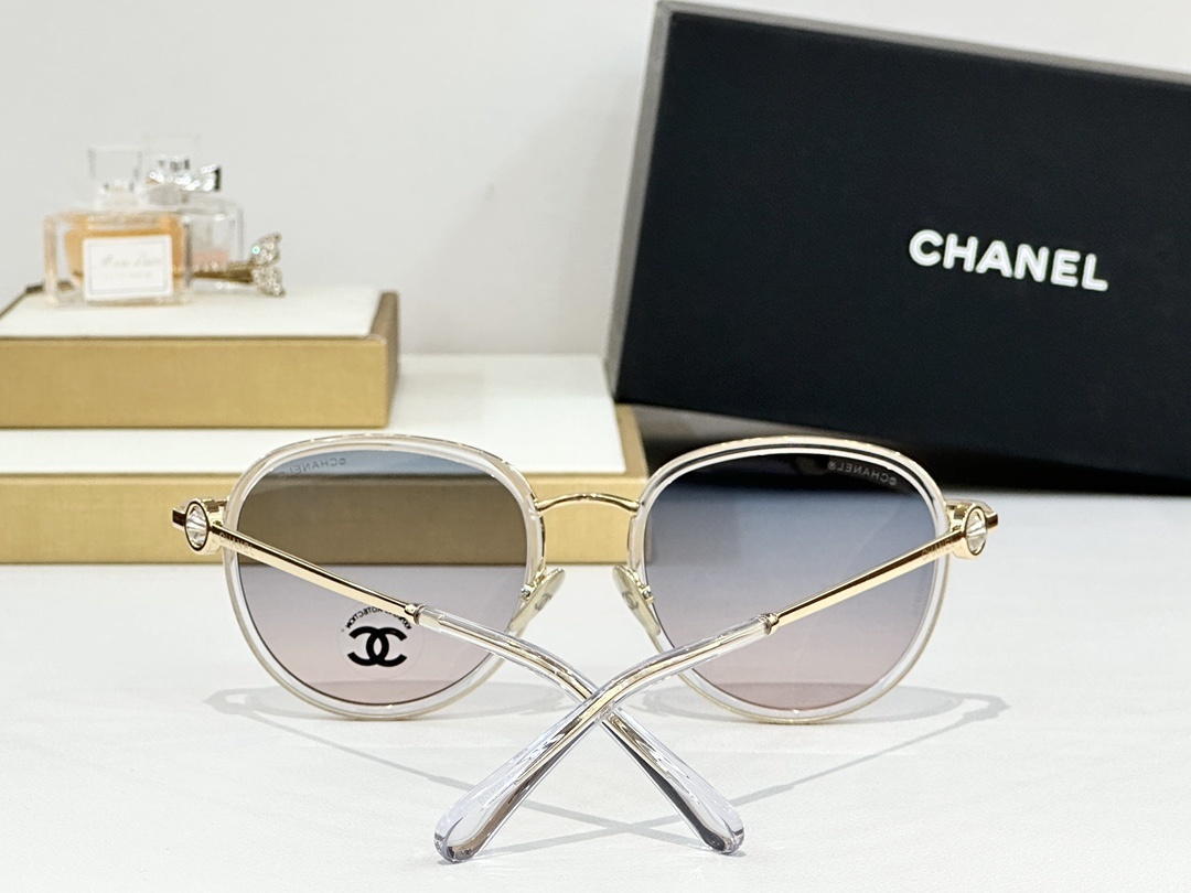 Chanel Luxury Round Sunglasses with Gradient Lenses & Crystal Detail