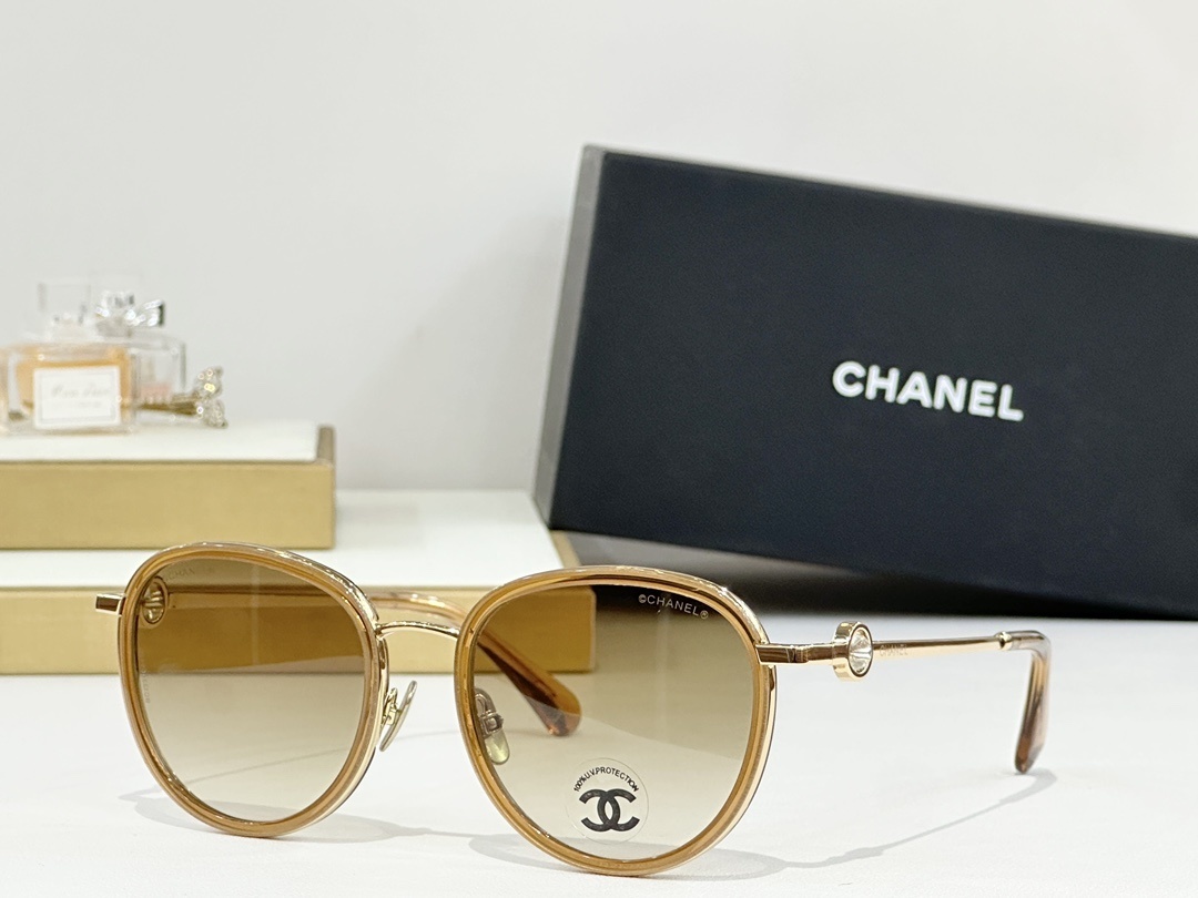 Chanel Luxury Round Sunglasses with Gradient Lenses & Crystal Detail