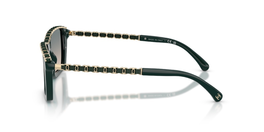 Chanel Emerald Green Square Sunglasses with Gold Chain Detail