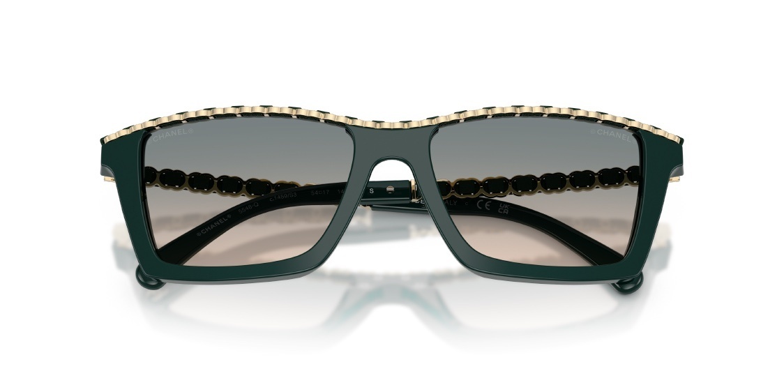 Chanel Emerald Green Square Sunglasses with Gold Chain Detail