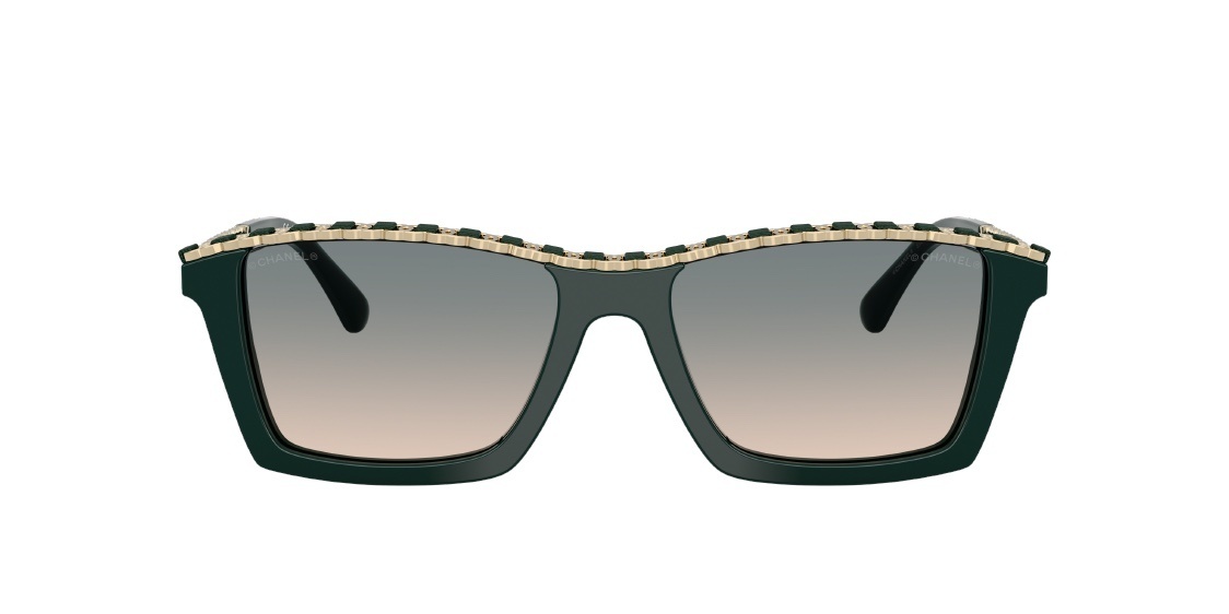 Chanel Emerald Green Square Sunglasses with Gold Chain Detail