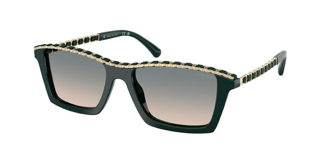 Chanel Emerald Green Square Sunglasses with Gold Chain Detail