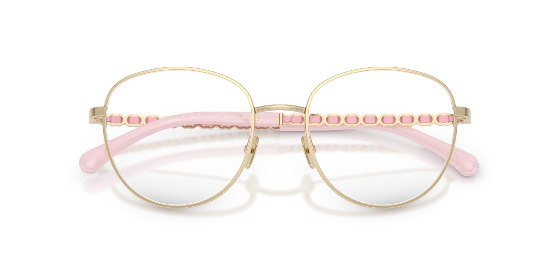 Chanel Women's Gold Round Eyeglasses with Pink Leather Chain
