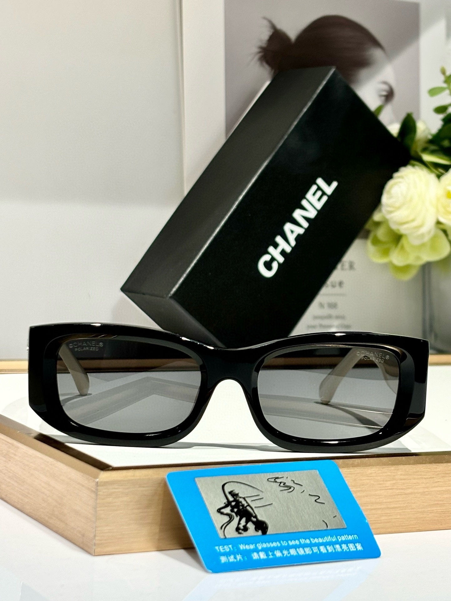 Chanel Rectangular Polarized Sunglasses – Black & Cream Two-Tone