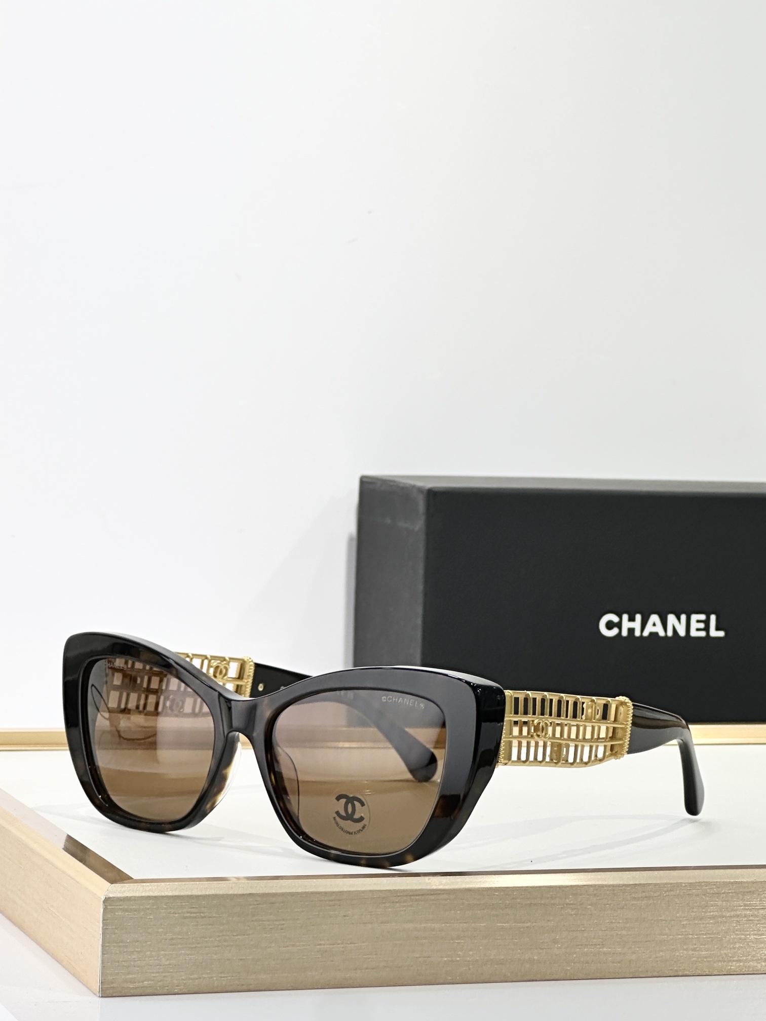 Chanel Luxury Cat-Eye Sunglasses with Gold Cage CC Logo Temples
