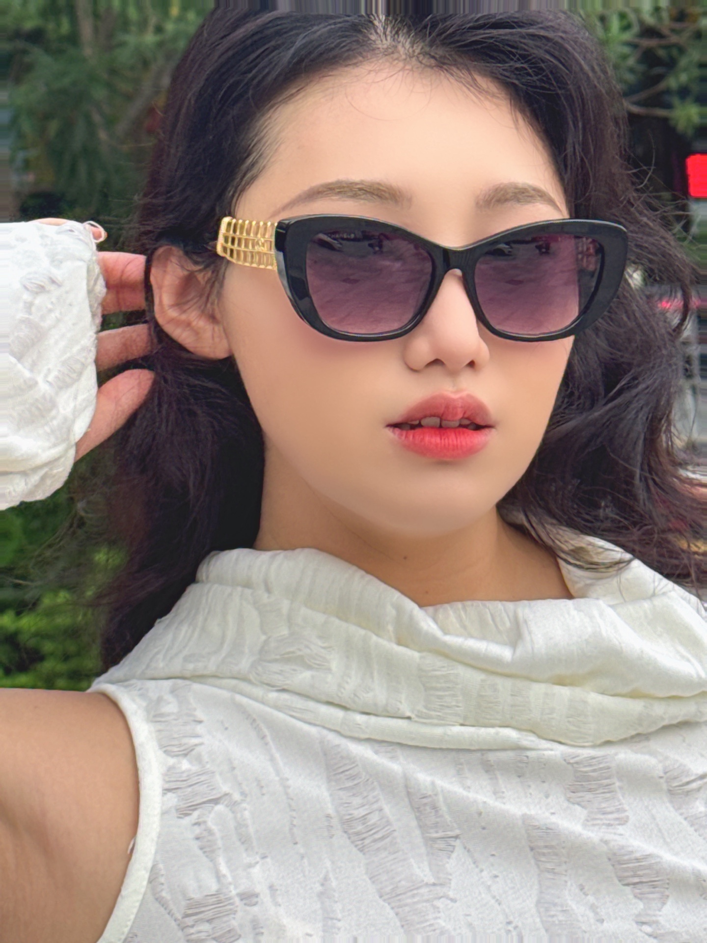 Chanel Women's Cat-Eye Sunglasses with Gold Lattice Temples