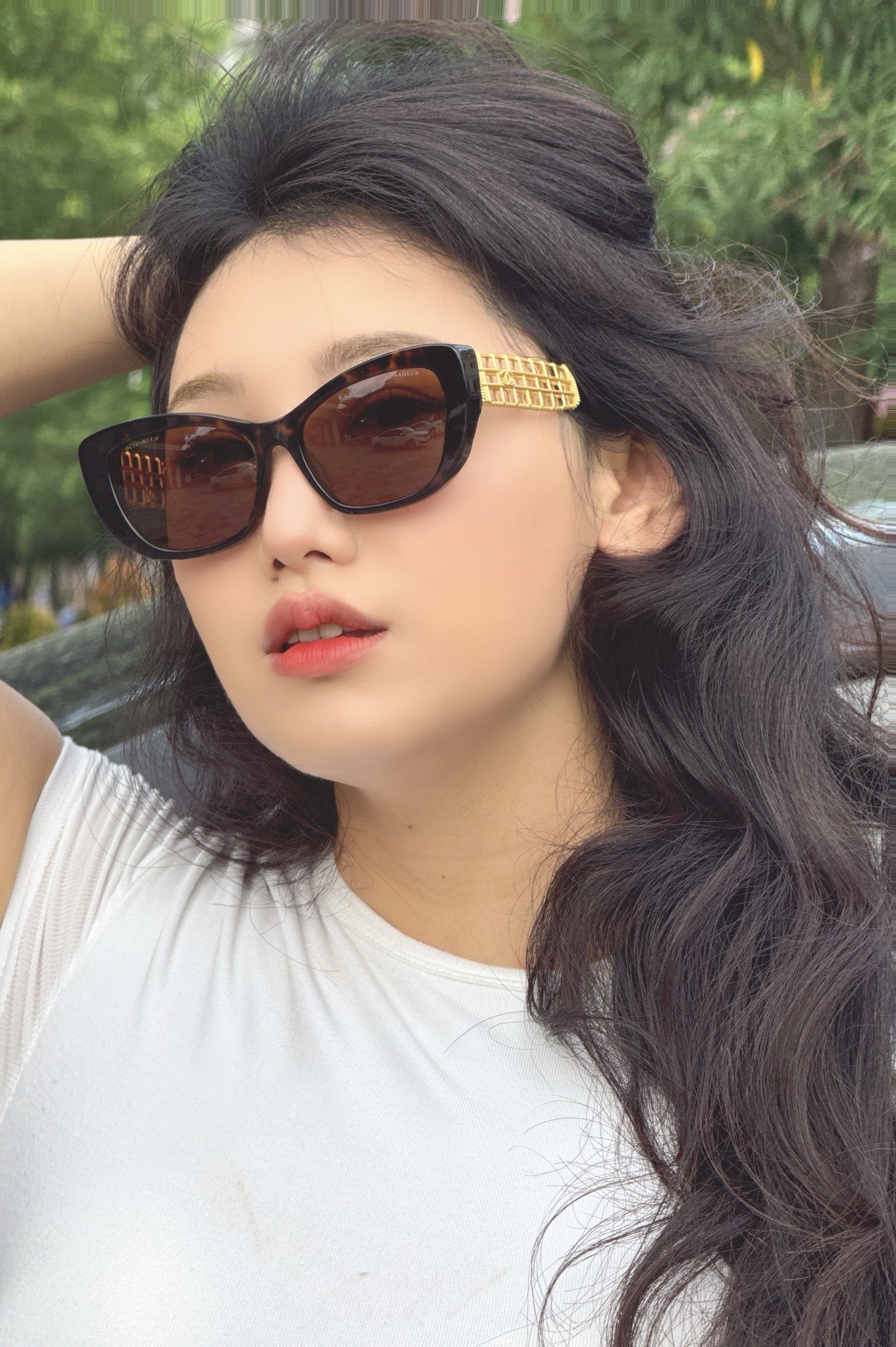 Chanel Women's Cat-Eye Sunglasses with Gold Lattice Temples