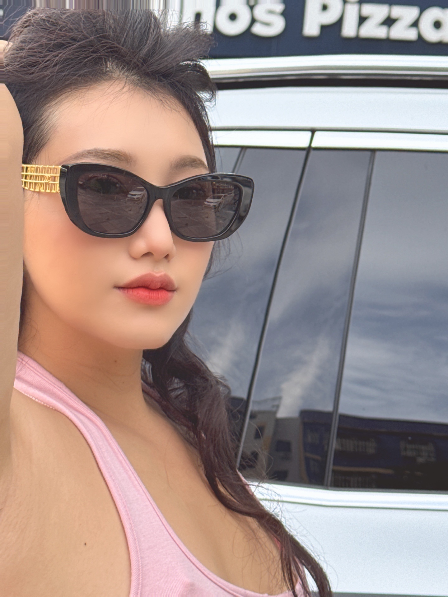 Chanel Women's Cat-Eye Sunglasses with Gold Lattice Temples