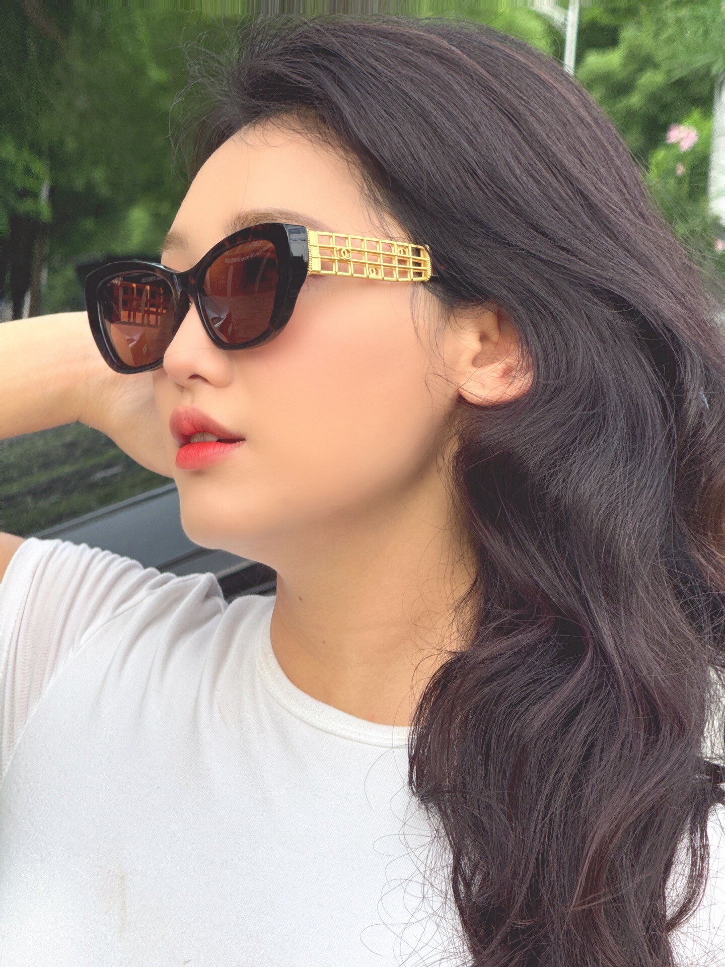 Chanel Women's Cat-Eye Sunglasses with Gold Lattice Temples