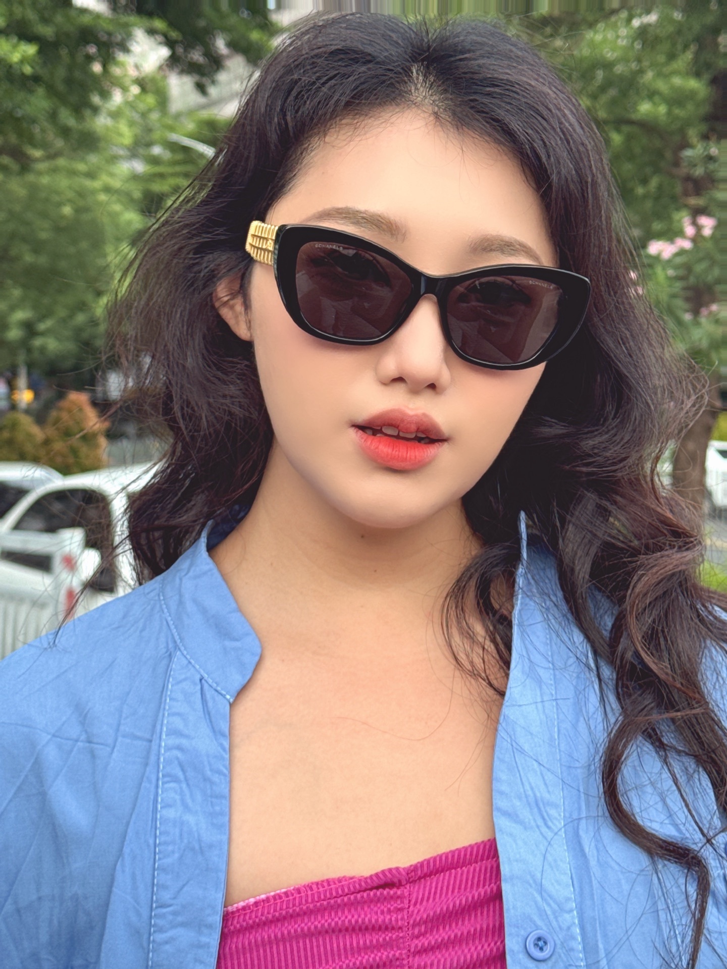 Chanel Women’s Cat-Eye Sunglasses with Gold Lattice Temples