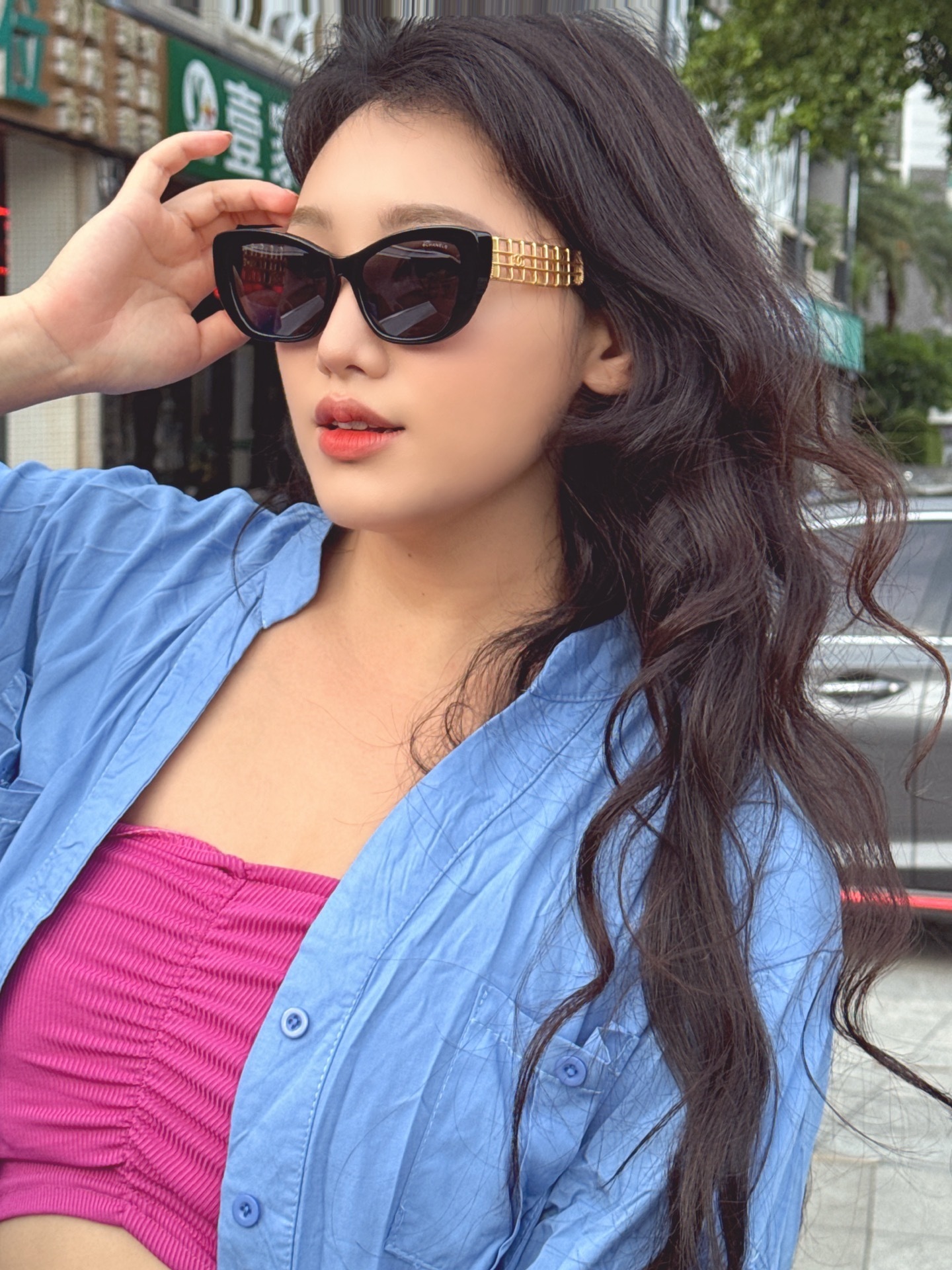 Luxury Chanel Cat Eye Sunglasses with Gold Lattice Temples