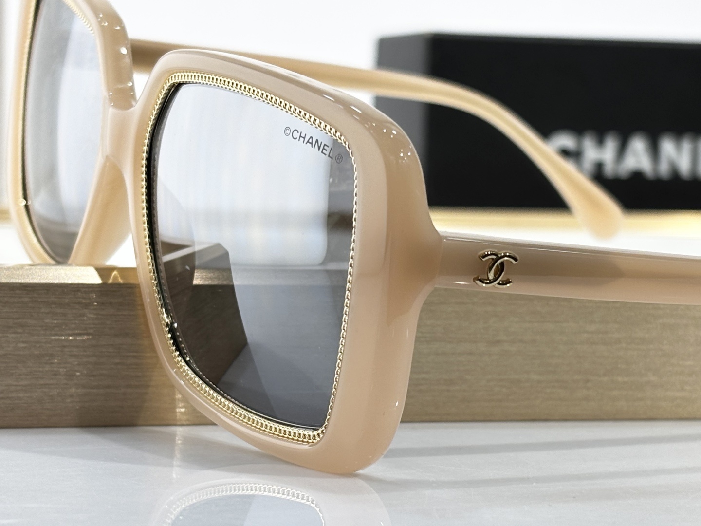 Chanel OCH71709A Oversized Beige Sunglasses with Gold CC Logo