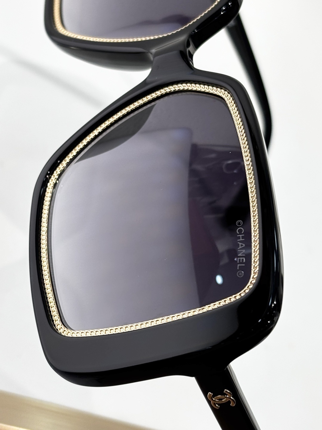 Chanel CH71709A Square Sunglasses - Black with Gold Chain Detail