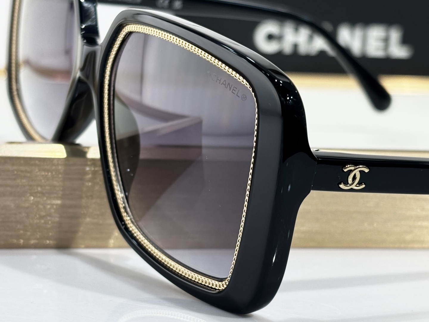 Chanel CH71709A Square Sunglasses - Black with Gold Chain Detail