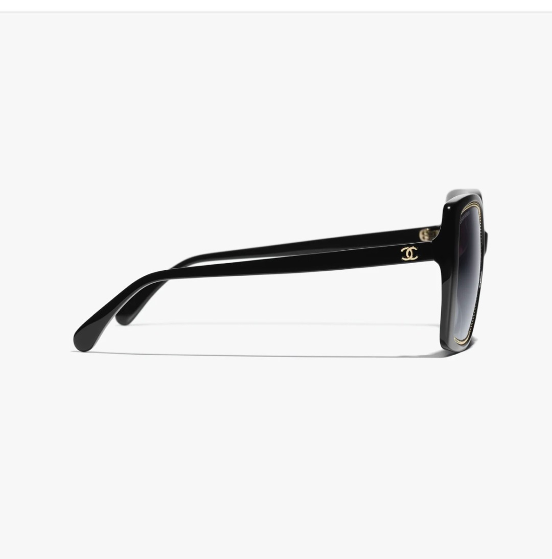 Chanel Square Sunglasses Black Acetate with Gold Chain Detail