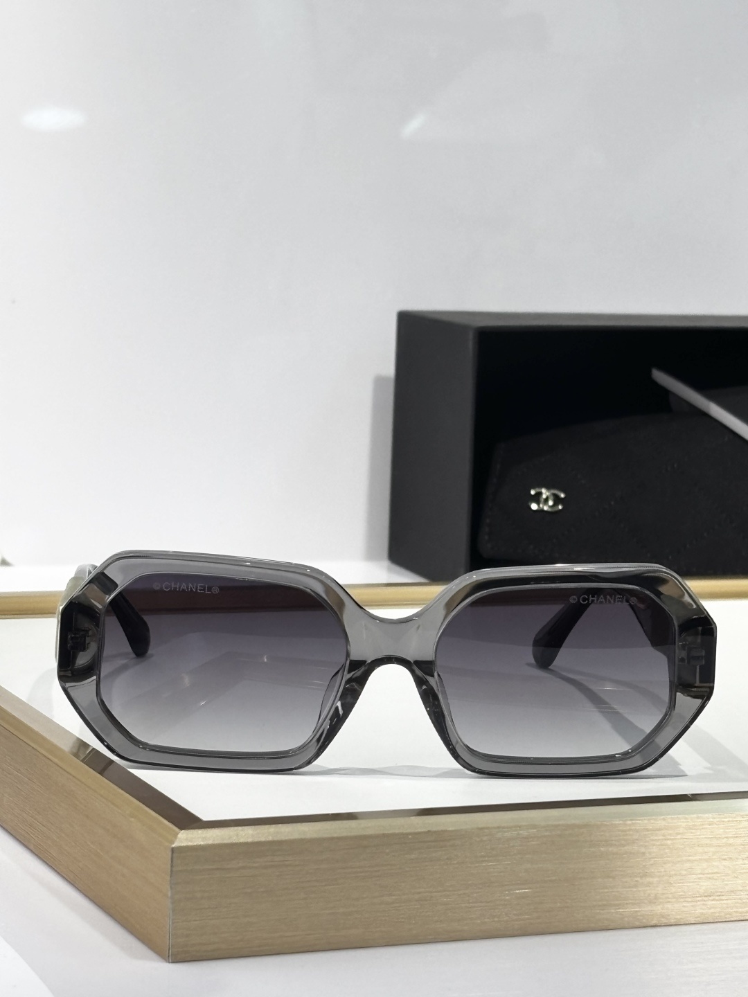 Chanel Oversized Grey Geometric Sunglasses with Velvet CC Detail