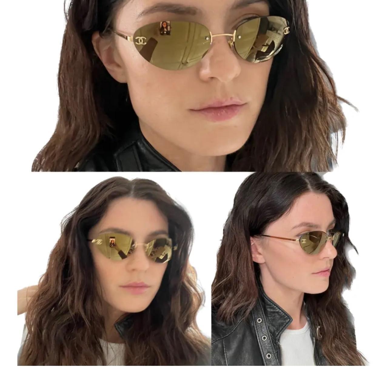 Vintage Rimless Oval Sunglasses with CC Logo and Rhinestones