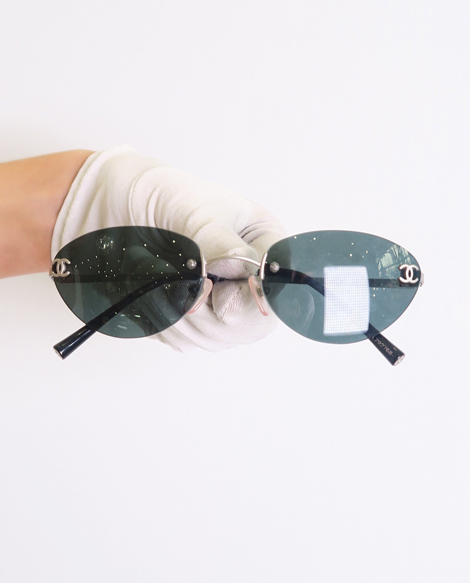 Vintage Rimless Oval Sunglasses with CC Logo and Rhinestones