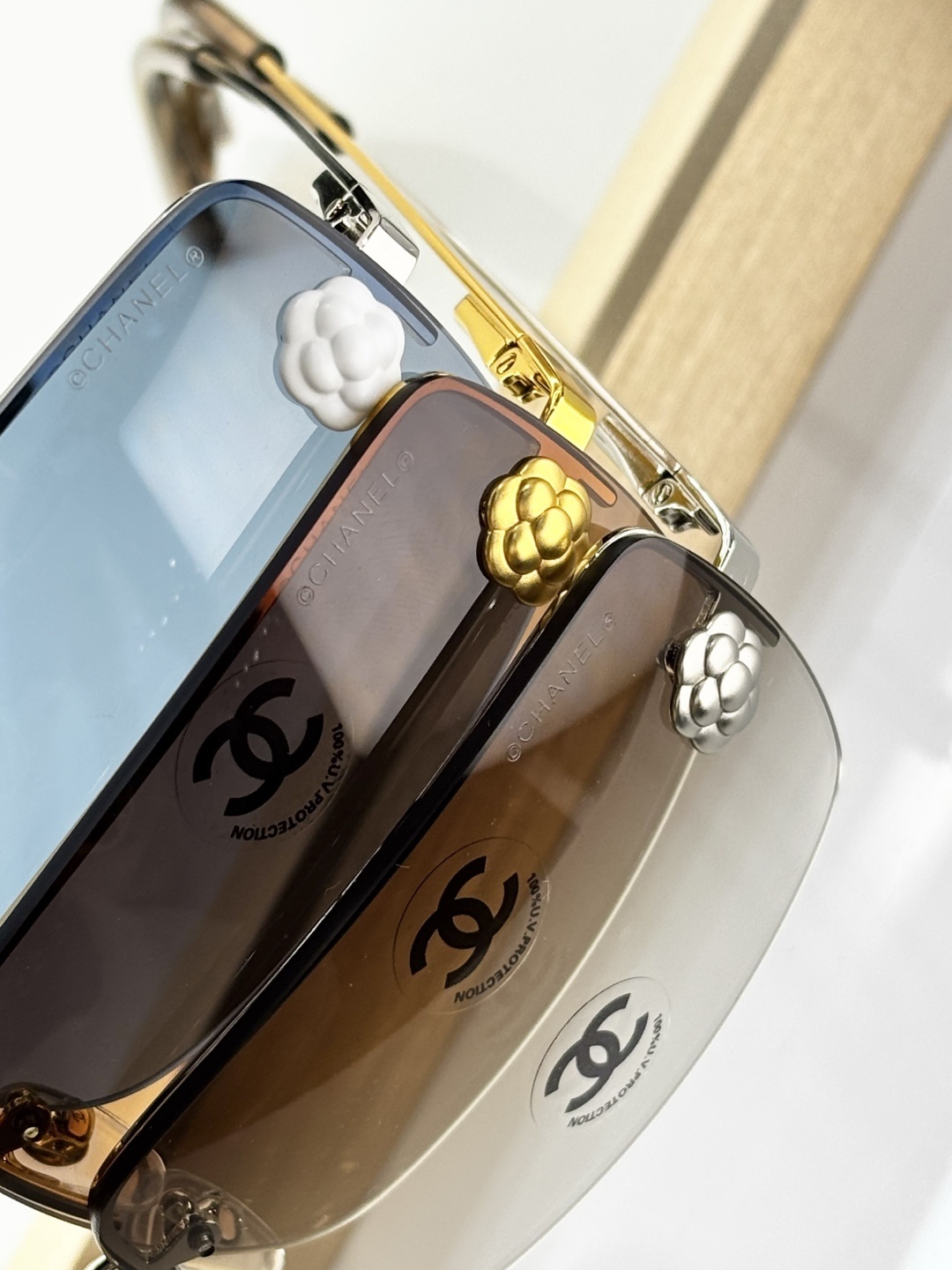 Chanel Camellia Rimless Rectangular Sunglasses - Designer Luxury