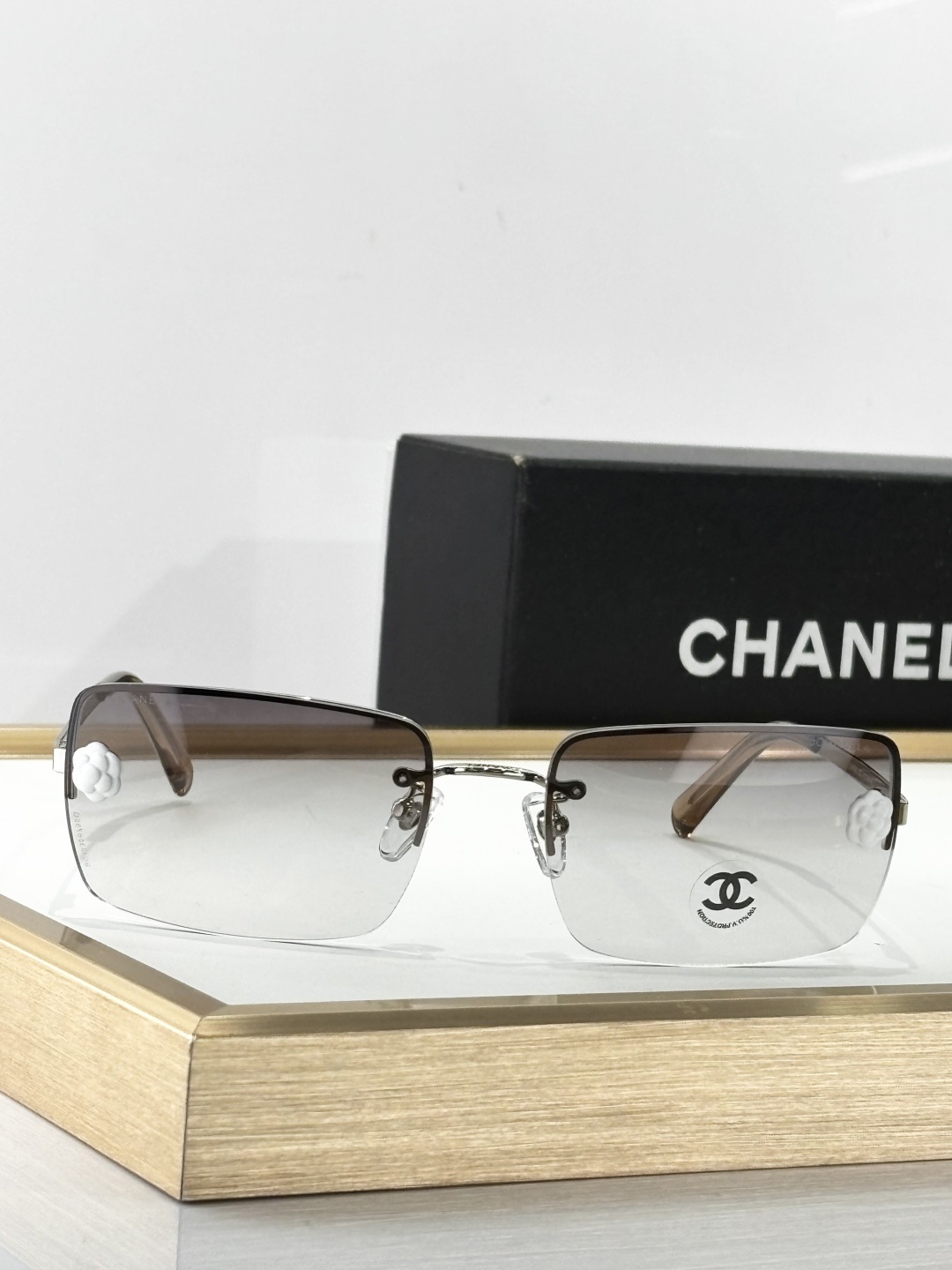Chanel Camellia Rimless Rectangular Sunglasses - Designer Luxury