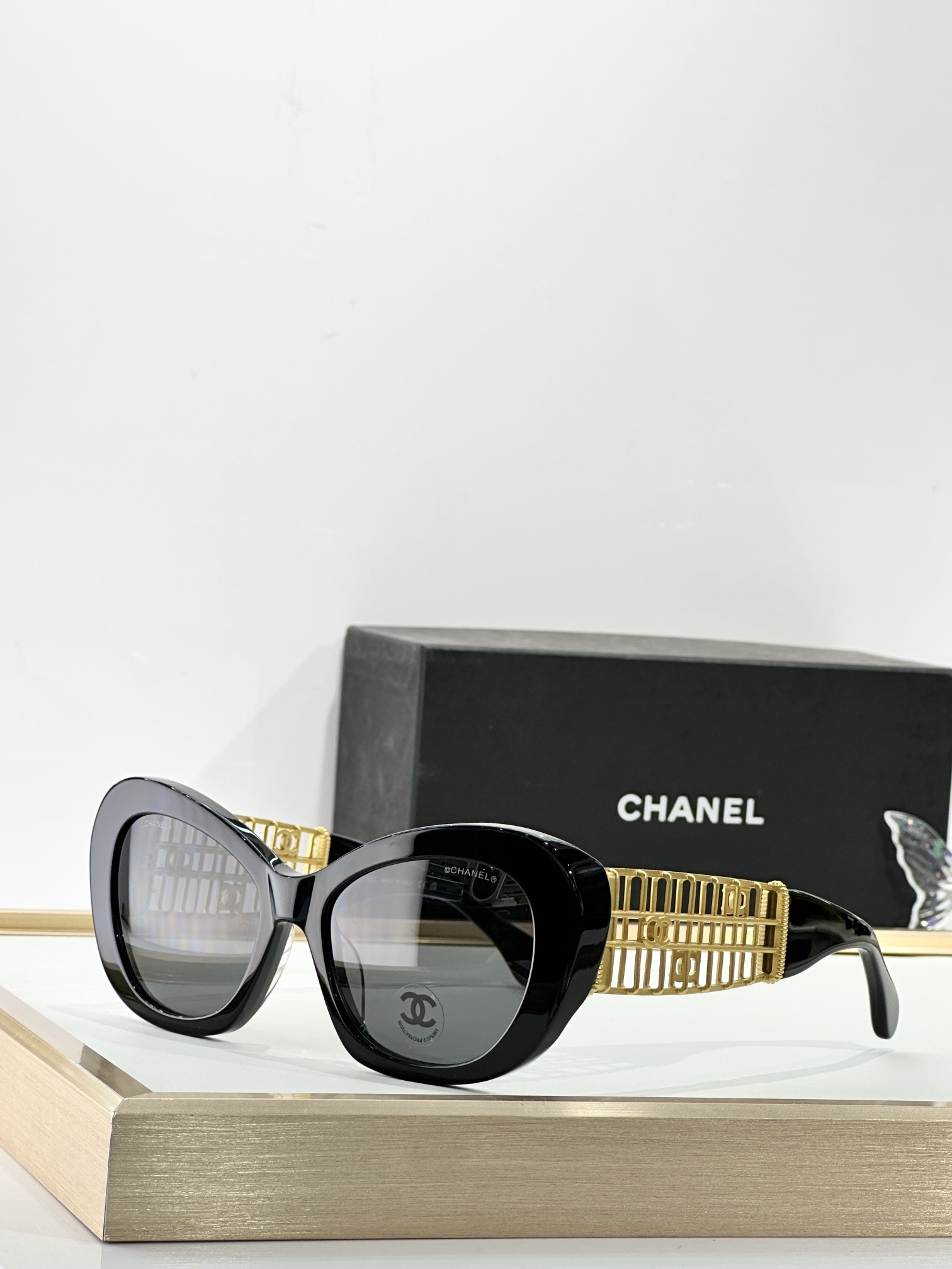 Chanel Luxury Cat-Eye Sunglasses with Gold Filigree CC Logo