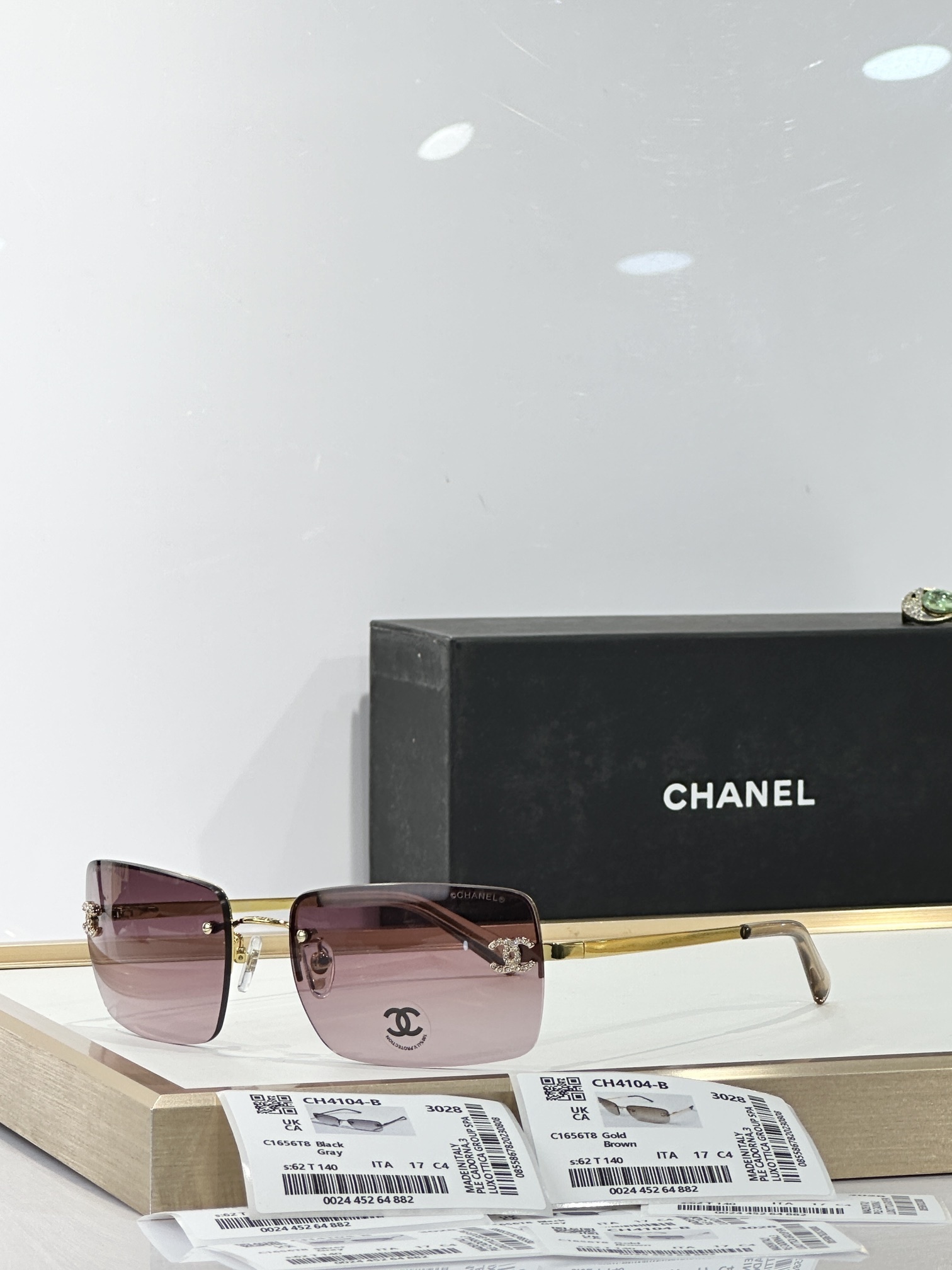Chanel CH4104-B Rimless Rectangular Sunglasses with Crystal CC Logo
