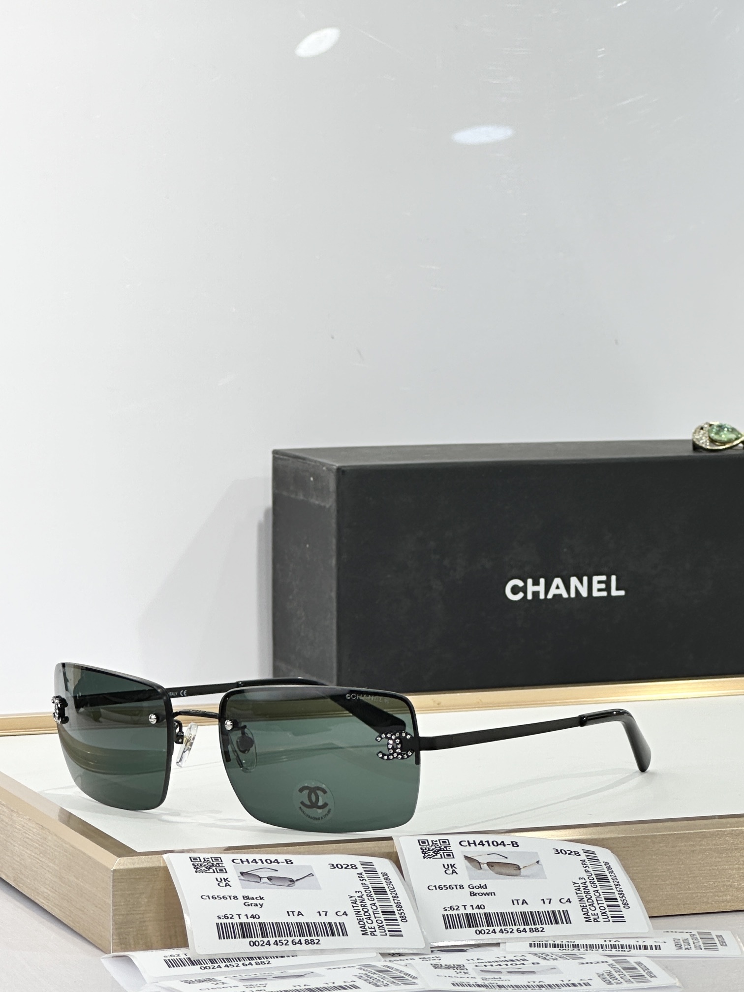 Chanel CH4104-B Rimless Rectangular Sunglasses with Crystal CC Logo