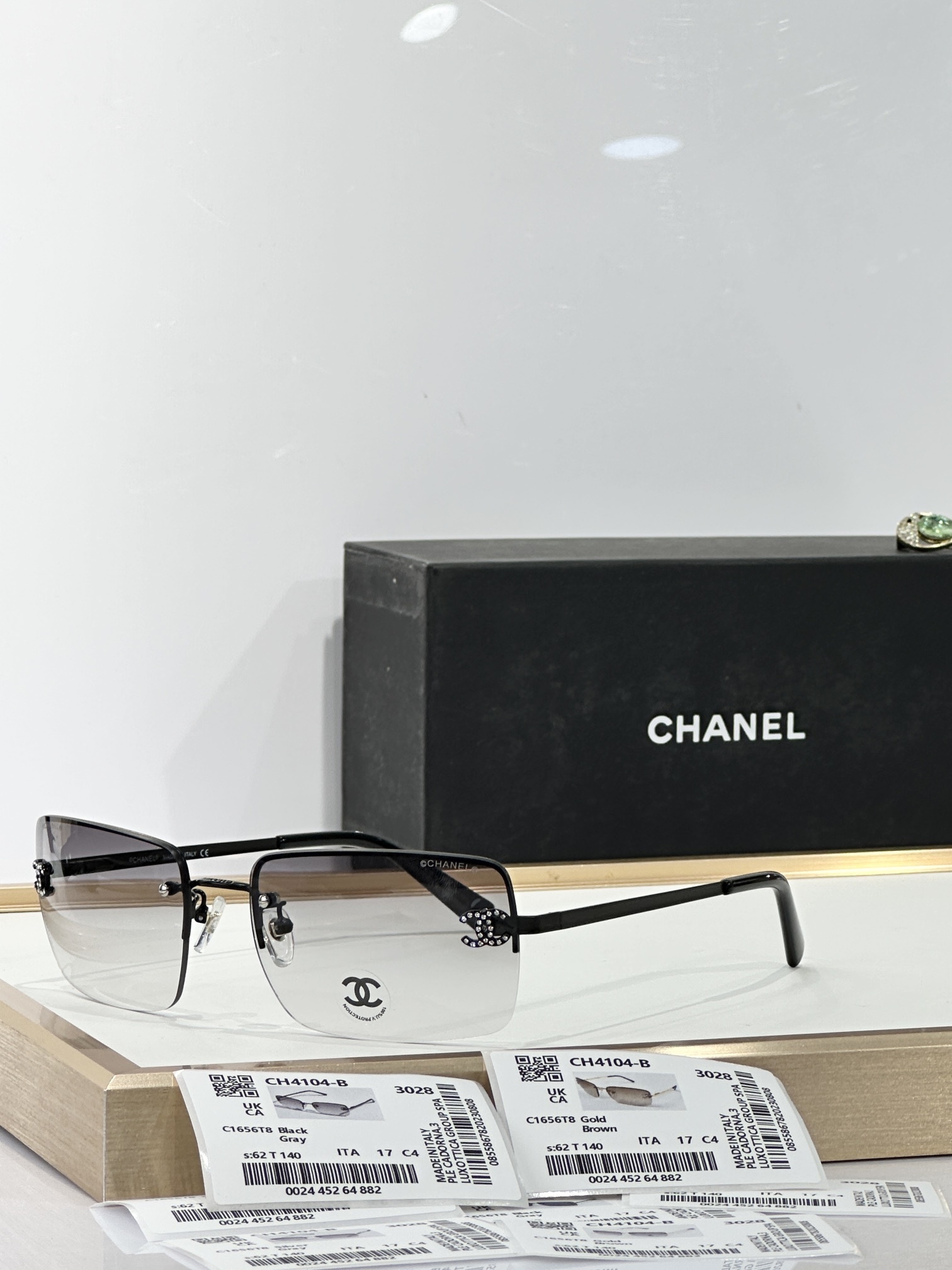 Chanel CH4104-B Rimless Rectangular Sunglasses with Crystal CC Logo