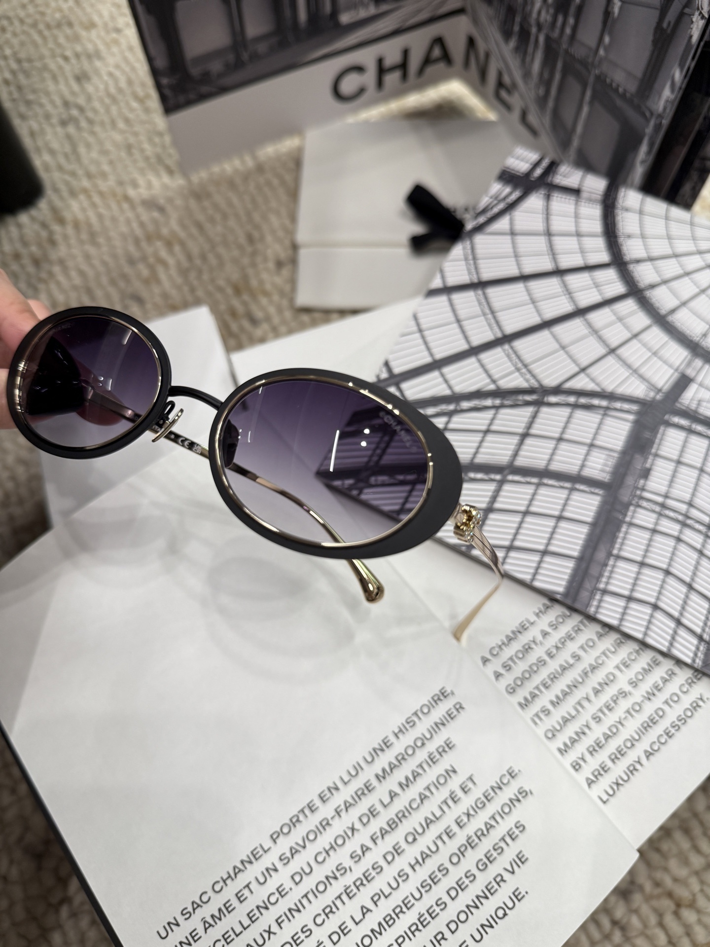 Chanel Luxury Oval Sunglasses - Black & Gold Metal with Gradient Lens