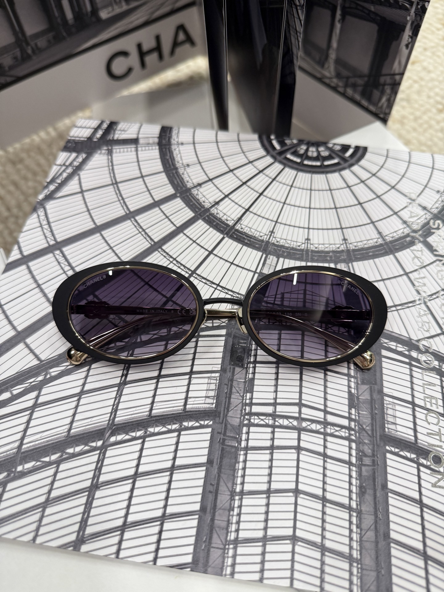 Chanel Luxury Oval Sunglasses - Black & Gold Metal with Gradient Lens