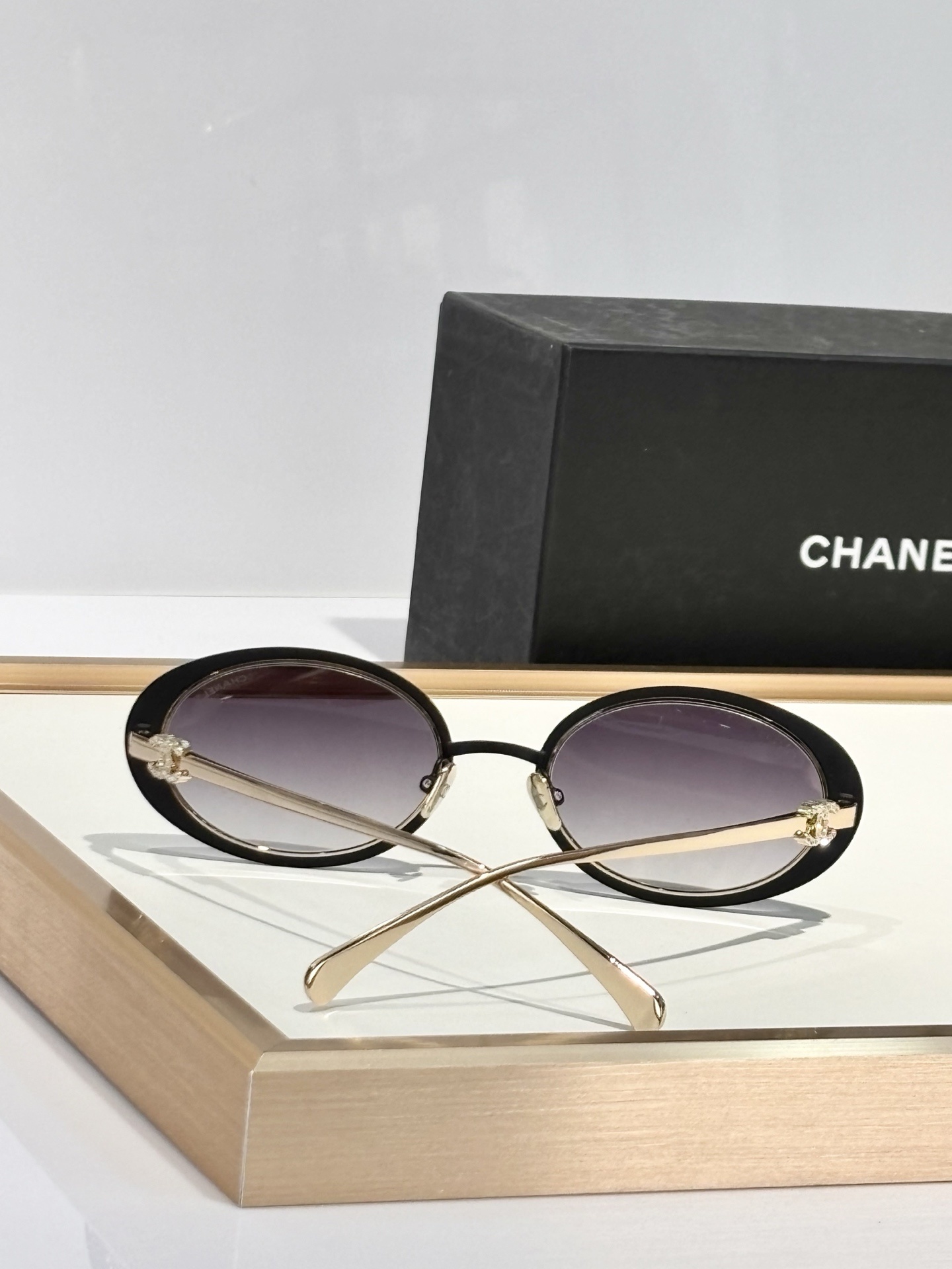 Chanel 9578B Oval Sunglasses - Black & Gold with Rhinestone CC Logo