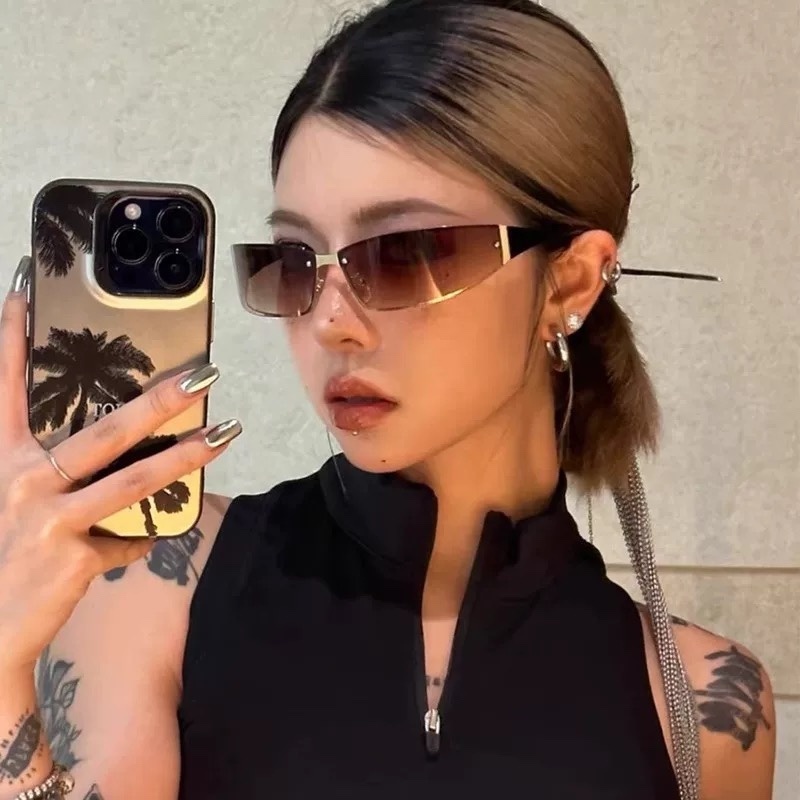 Vintage Y2K Rectangular Rimless Sunglasses - Retro Cyberpunk Style